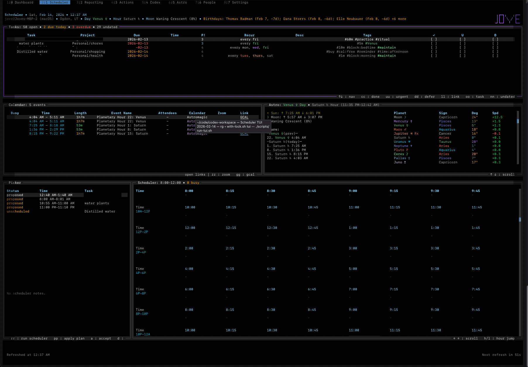 Scheduler TUI showing Tasks, Calendar, Astro, Picker, and Scheduler grid with Venus day, Saturn hour, planetary hours, and task/calendar integration