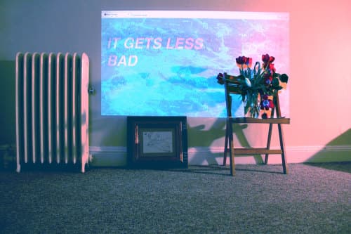 YOLOROBICS early installation, 2012 — projection and pink/blue ambient light