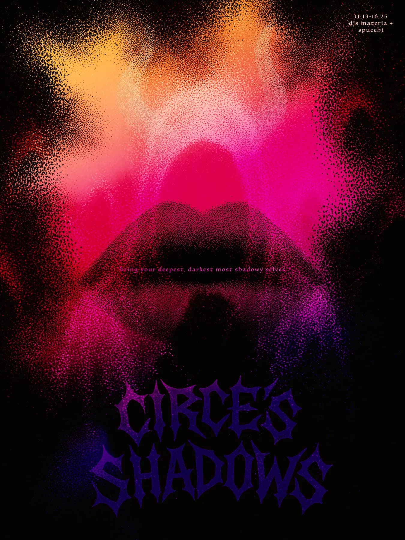 Circe's Shadows event poster, November 13–16, 2025 — DJs Materia, Spucchi