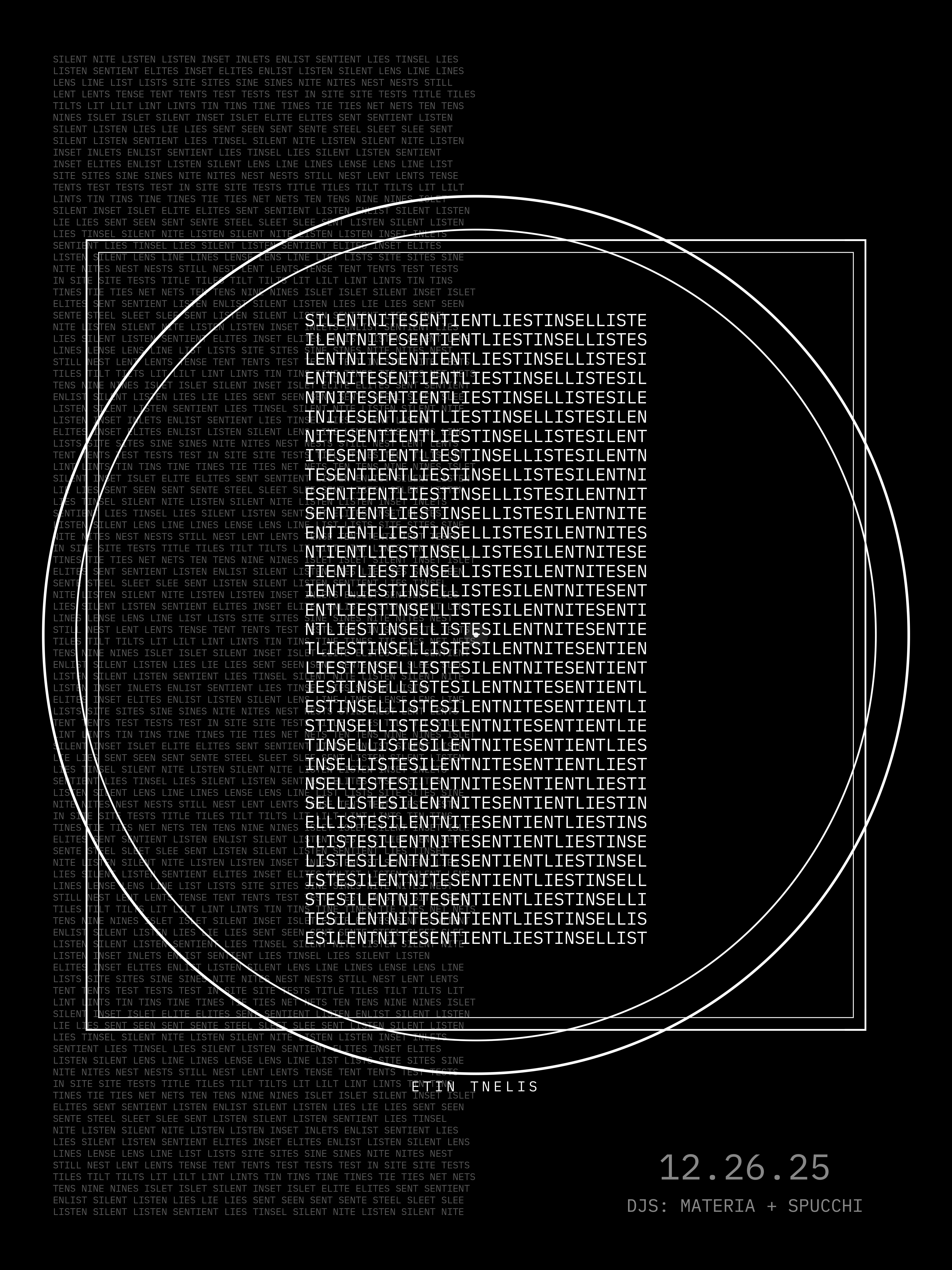 Silent Nite event poster, December 26, 2025 — DJs Materia, Spucchi