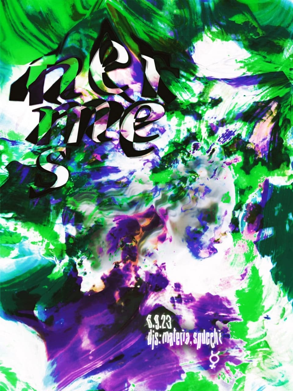 Hermes event poster, June 9, 2023 — DJs Materia and Spucchi