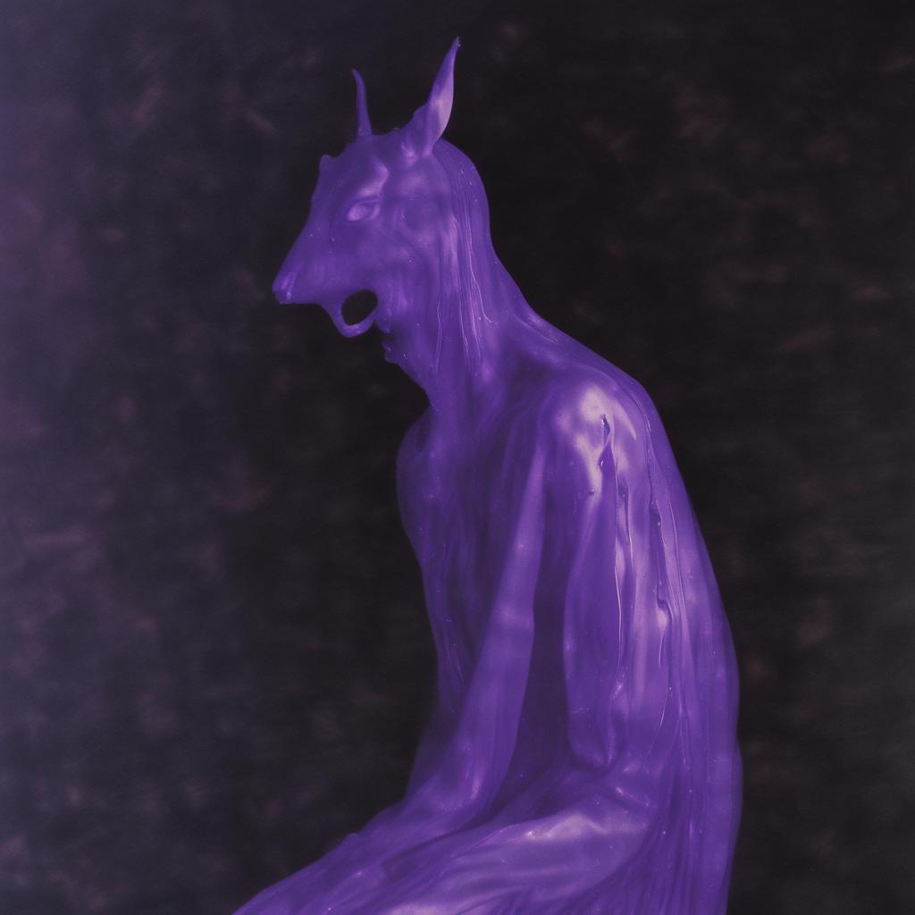 VOID elemental: caprine figure in flowing purple, translucent form with dripping material
