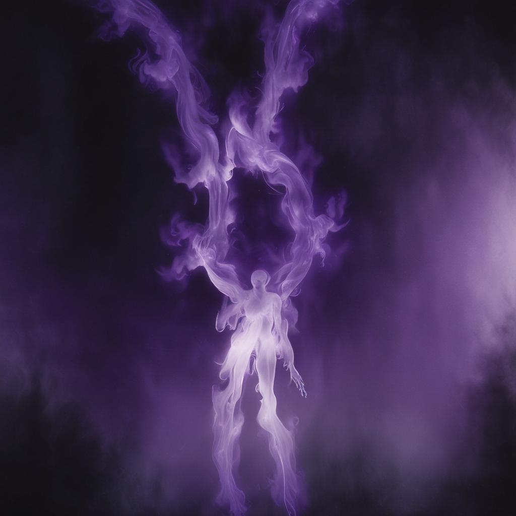 VOID elemental: smoky violet figure with wing-like structures, luminous against dark background