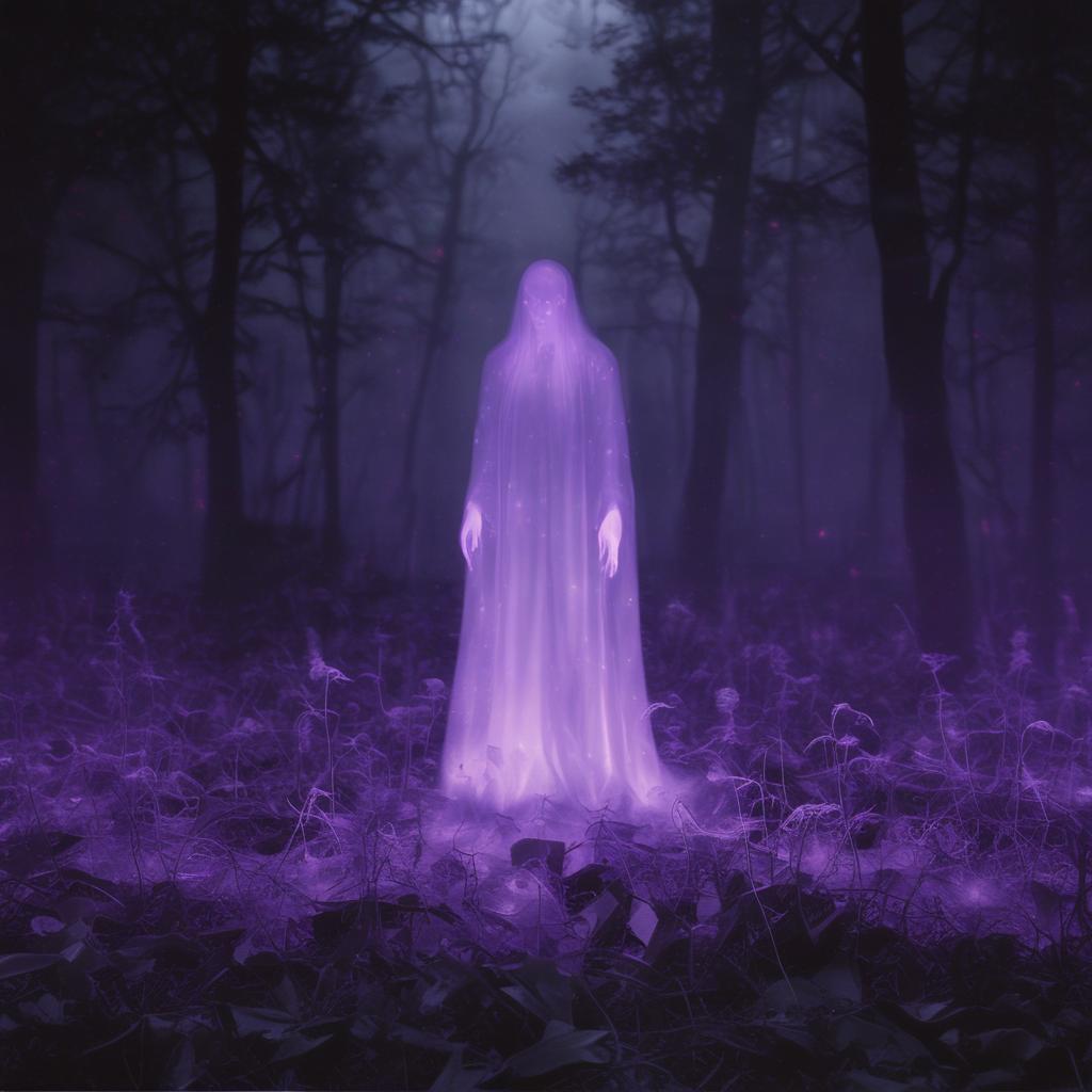 VOID elemental: shrouded figure in dark forest, luminous violet glow, drifting hands