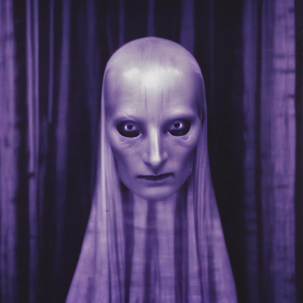 VOID elemental: elongated pale head emerging from translucent purple drapery, deep violet gradients
