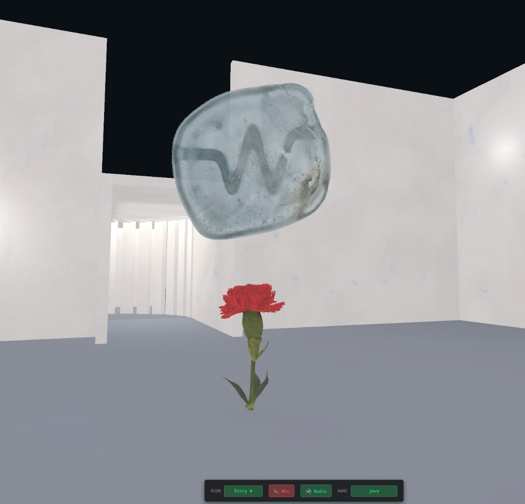 Wetware Gallery lobby view: minimalist virtual room with red carnation, floating translucent object, and entry UI controls