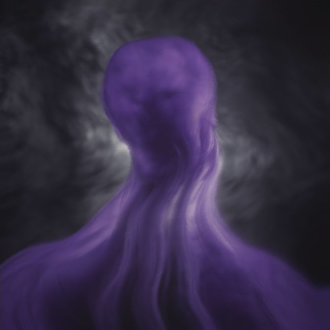 A frame from the new simulation: violet catalog imagery transforming through feedback and stochastic variation.