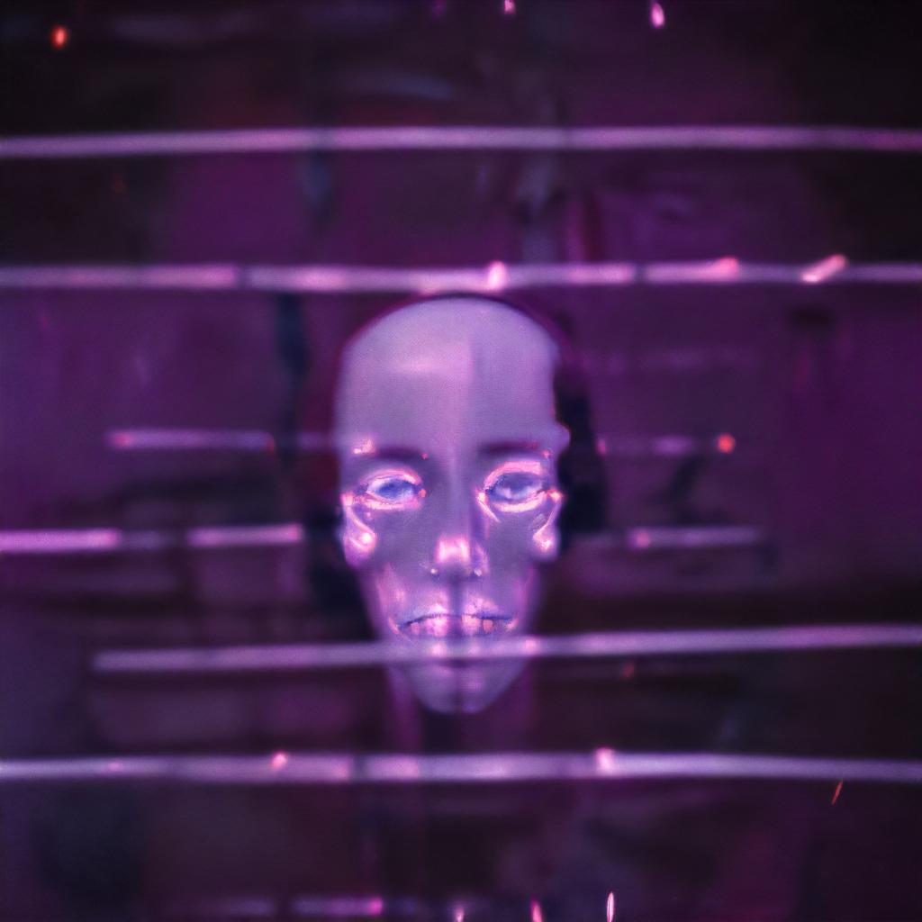 A luminous mask-like face crossed by horizontal violet bands.