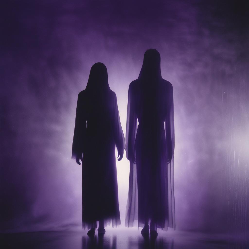 Two tall, dark silhouettes standing against a pale violet glow.