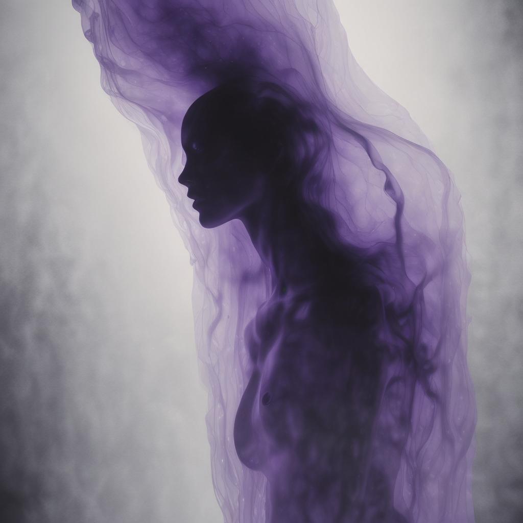 A dark figure in profile surrounded by translucent violet folds against a pale background.