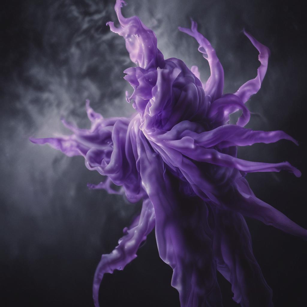 A figure breaks into tangled, branching violet forms against grey smoke.