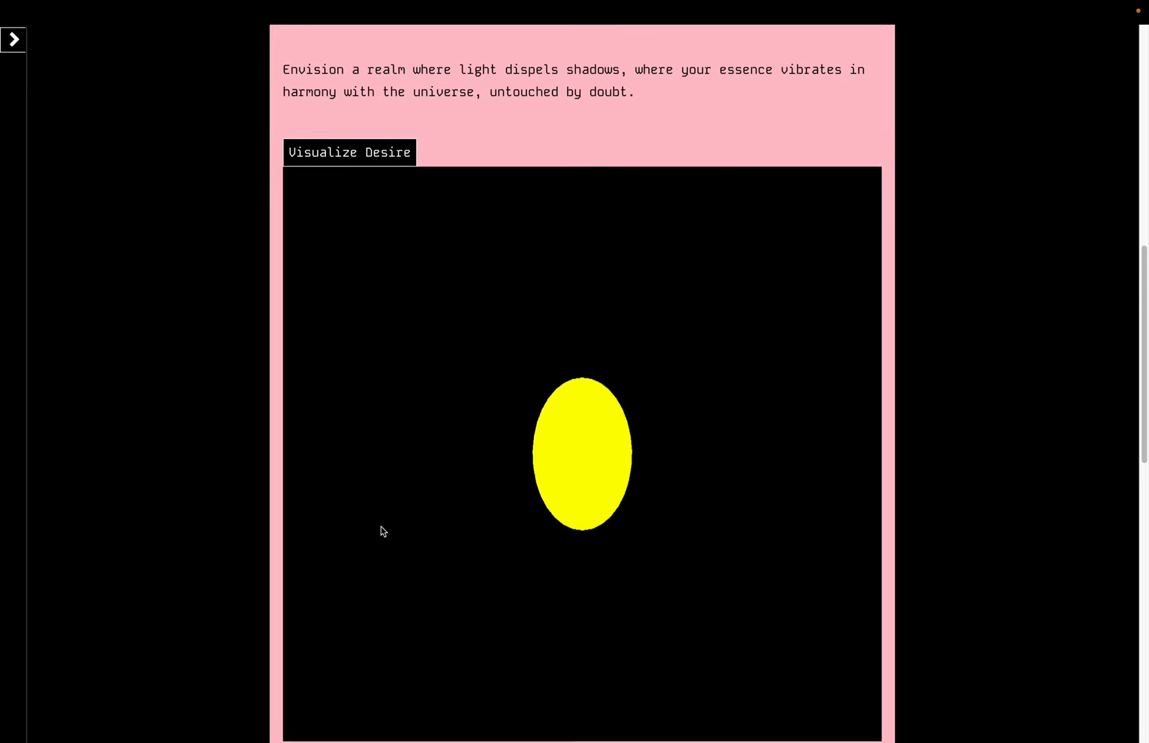 A pink panel in the recorded spiritMesh result, with a Visualize Desire button and a yellow shape on a black canvas.