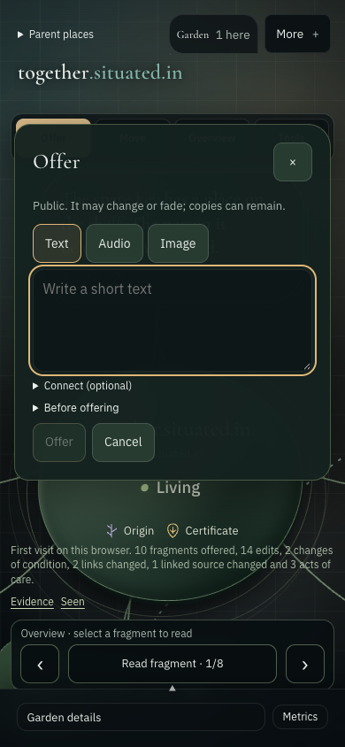 The Garden’s phone-width Offer dialog has text, audio and image choices, an empty text field, and a notice that public offerings may change or fade.