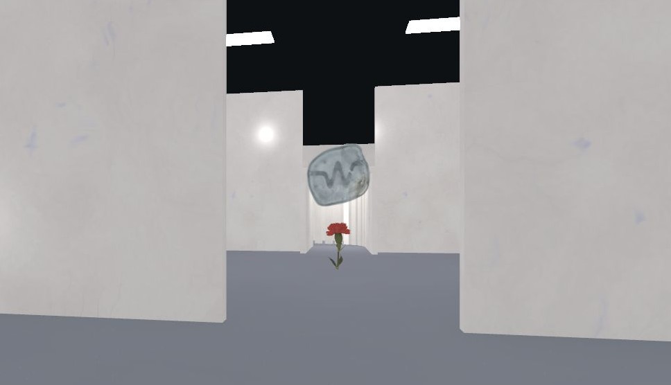 Wetware's rebuilt spatial entry, with a white corridor, translucent logo and red flower.