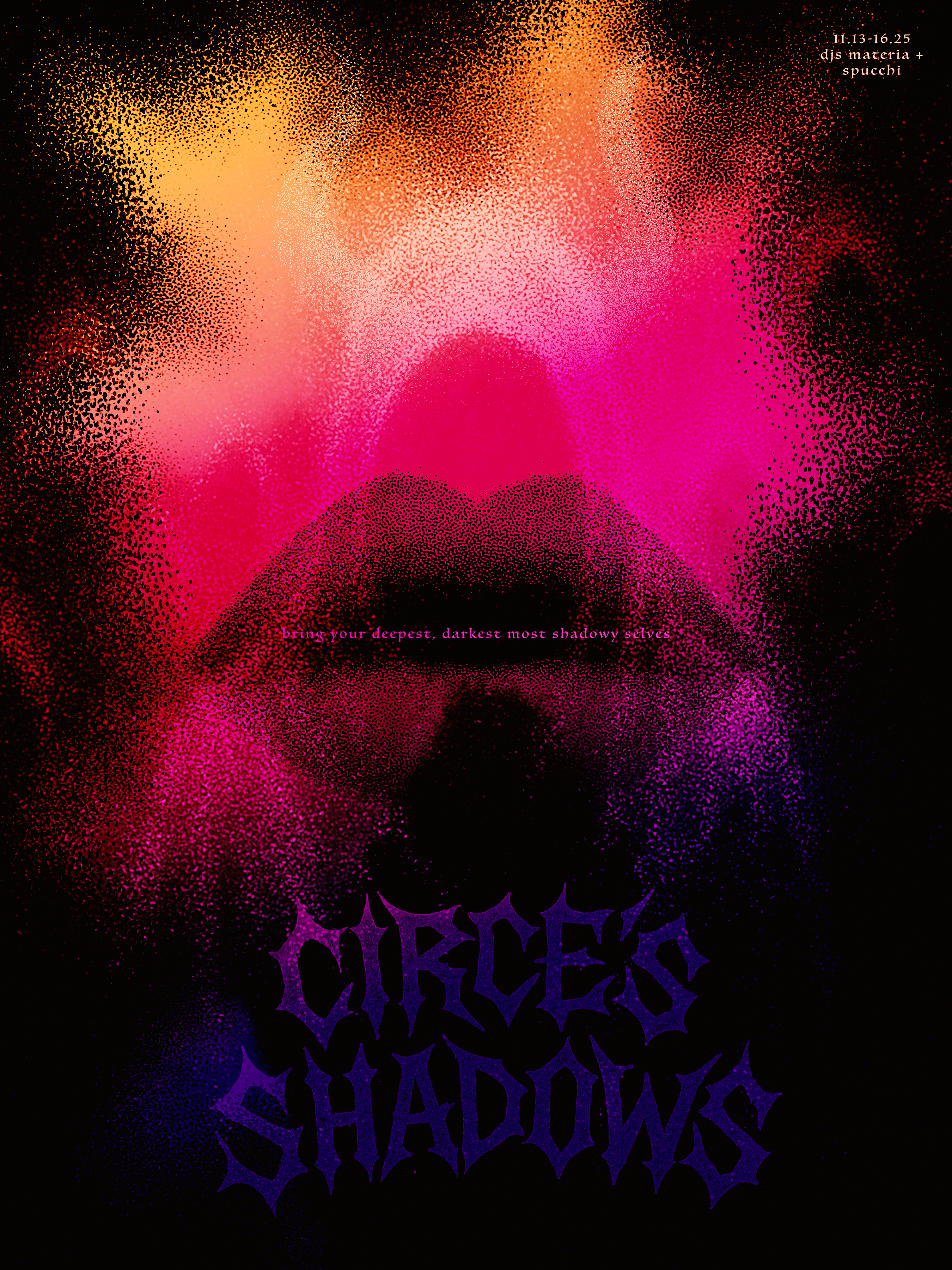 Circe's Shadows event poster, November 13–16, 2025 — DJs Materia, Spucchi